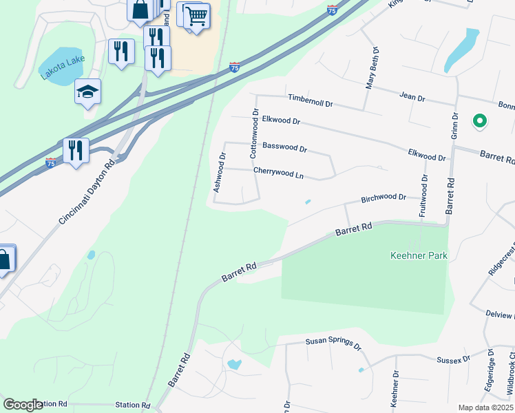 map of restaurants, bars, coffee shops, grocery stores, and more near 8550 Cottonwood Drive in Butler County
