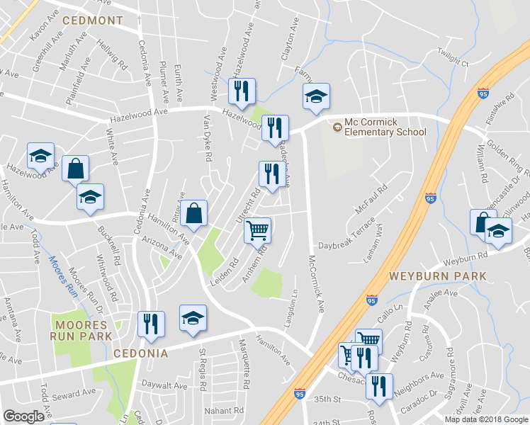 map of restaurants, bars, coffee shops, grocery stores, and more near 5412 Cynthia Terrace in Baltimore