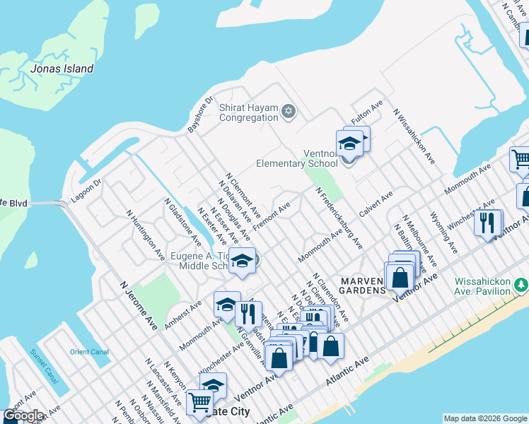 map of restaurants, bars, coffee shops, grocery stores, and more near 402 North Clarendon Avenue in Margate City