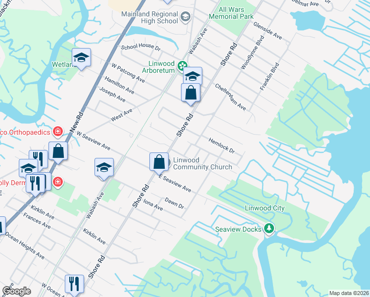 map of restaurants, bars, coffee shops, grocery stores, and more near 1711 Woodlynne Boulevard in Linwood
