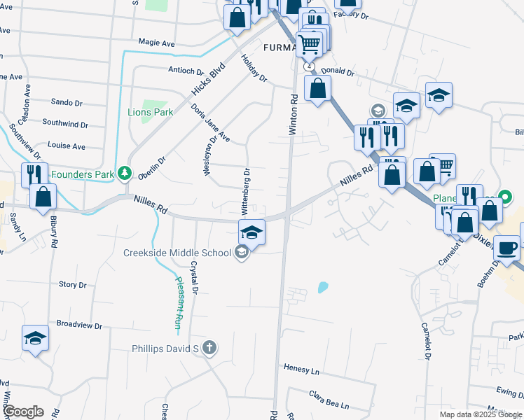map of restaurants, bars, coffee shops, grocery stores, and more near 1180 Nilles Road in Fairfield