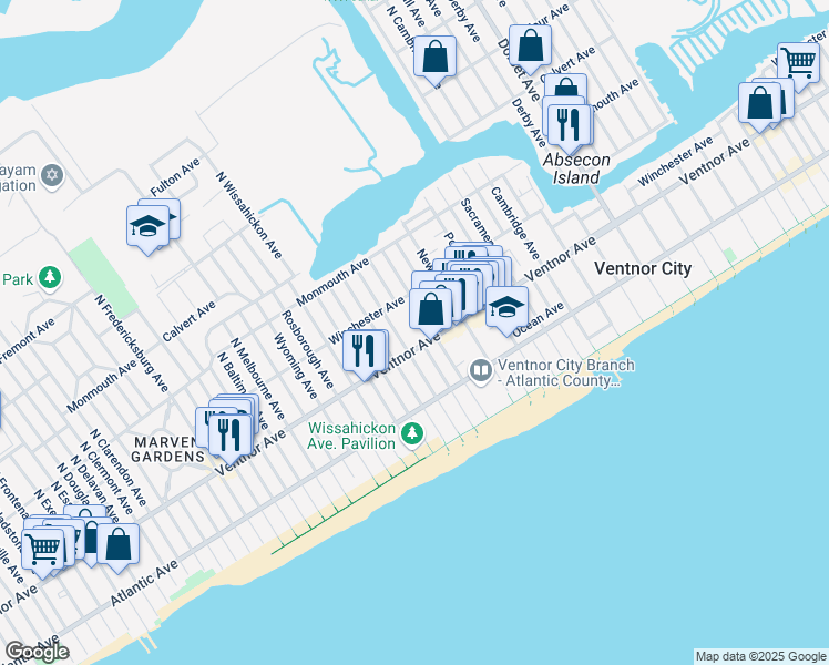 map of restaurants, bars, coffee shops, grocery stores, and more near 6616 Ventnor Avenue in Ventnor City