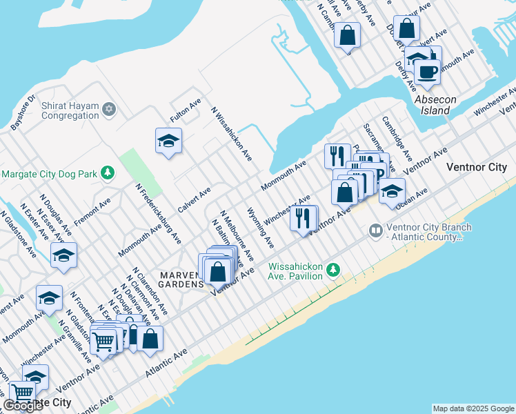 map of restaurants, bars, coffee shops, grocery stores, and more near 122 North Rosborough Avenue in Ventnor City