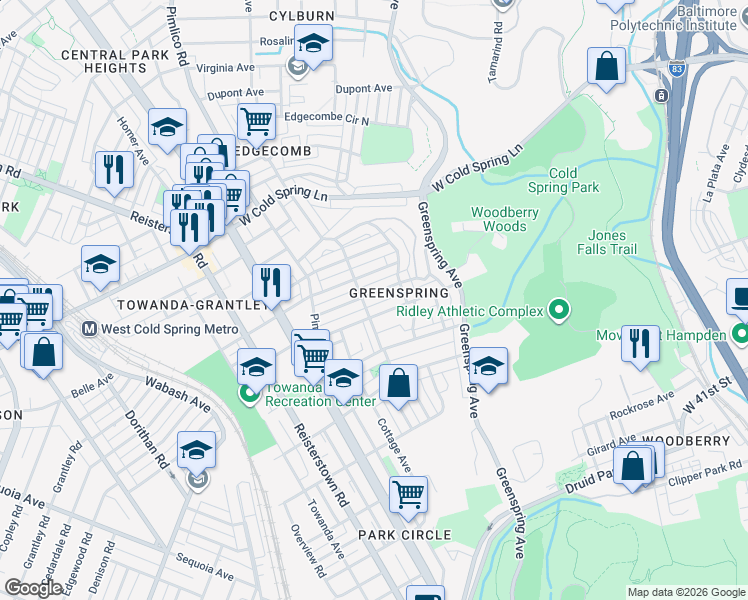 map of restaurants, bars, coffee shops, grocery stores, and more near 2531 Loyola Southway in Baltimore