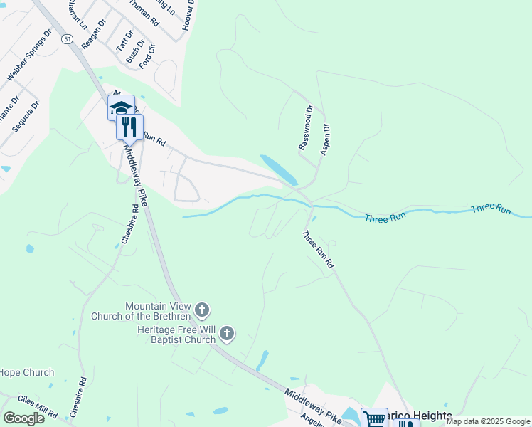 map of restaurants, bars, coffee shops, grocery stores, and more near 264 Aspen Drive in Bunker Hill