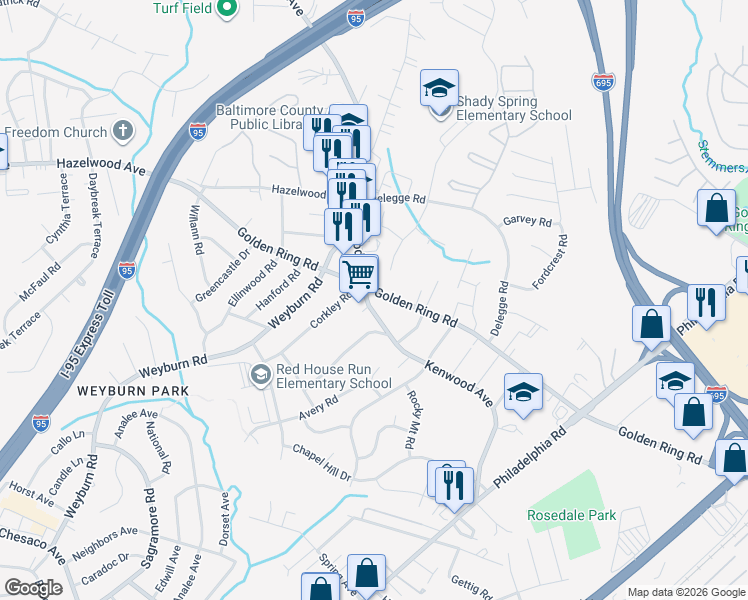 map of restaurants, bars, coffee shops, grocery stores, and more near 6401 Golden Ring Road in Rosedale