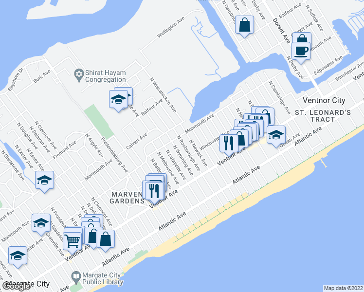 map of restaurants, bars, coffee shops, grocery stores, and more near 122 North Rosborough Avenue in Ventnor City