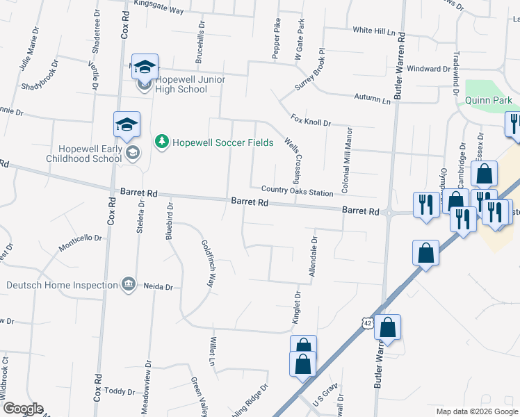 map of restaurants, bars, coffee shops, grocery stores, and more near 8099 Barret Road in Butler County