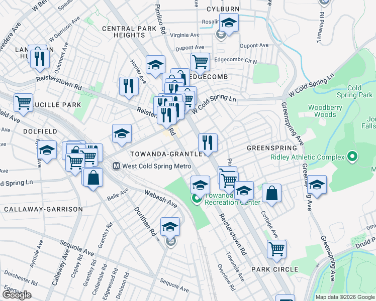 map of restaurants, bars, coffee shops, grocery stores, and more near 4305 Reisterstown Road in Baltimore