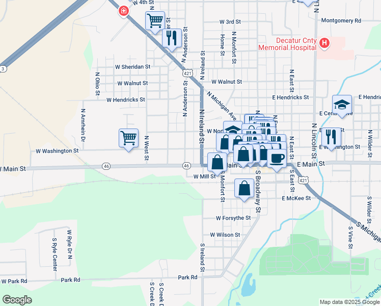 map of restaurants, bars, coffee shops, grocery stores, and more near 423 West Washington Street in Greensburg