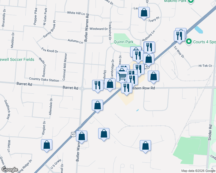 map of restaurants, bars, coffee shops, grocery stores, and more near 1362 Western Row Road in Mason