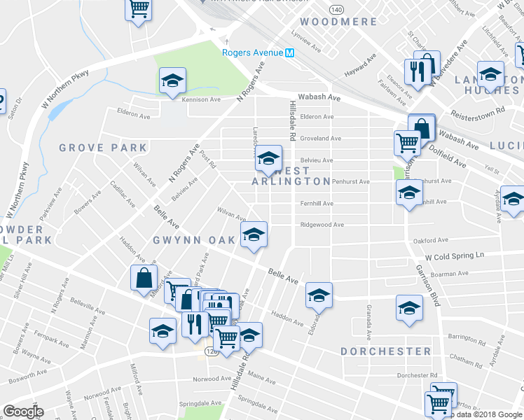 map of restaurants, bars, coffee shops, grocery stores, and more near 4403 Fernhill Avenue in Baltimore