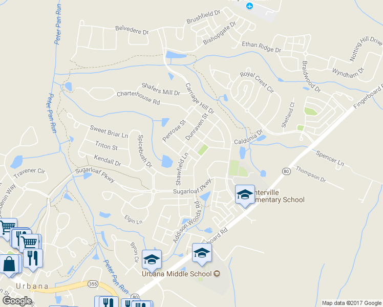 map of restaurants, bars, coffee shops, grocery stores, and more near 9447 Prospect Hill Place in Frederick