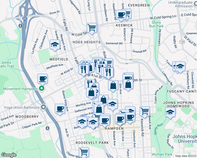 map of restaurants, bars, coffee shops, grocery stores, and more near 1029 West 41st Street in Baltimore