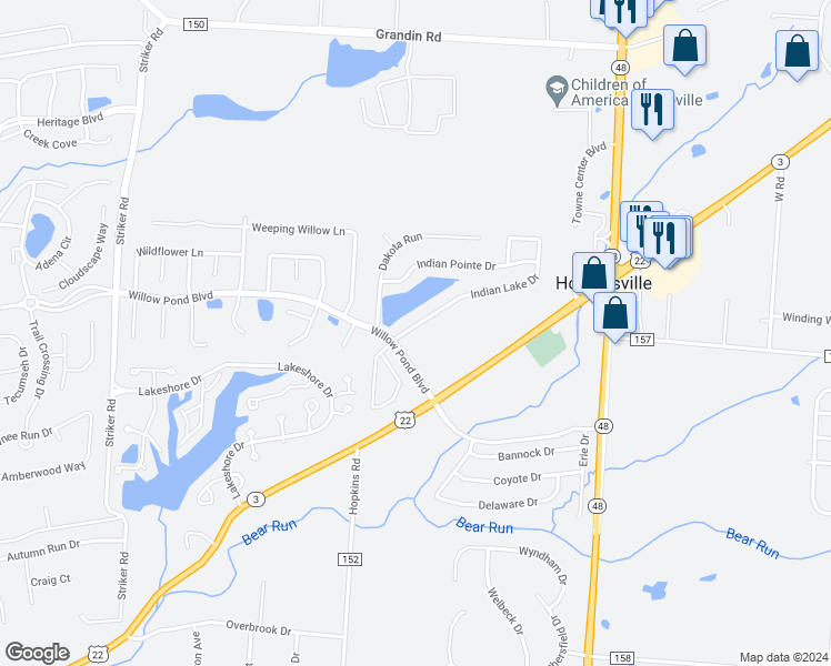 map of restaurants, bars, coffee shops, grocery stores, and more near 581 Indian Lake Drive in Maineville
