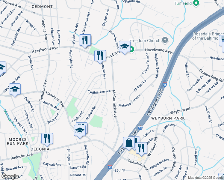 map of restaurants, bars, coffee shops, grocery stores, and more near 5504 Cynthia Terrace in Baltimore