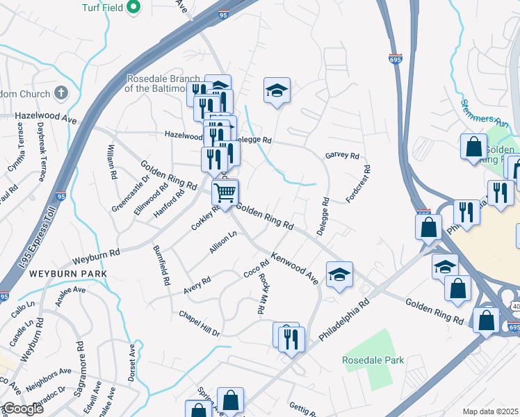 map of restaurants, bars, coffee shops, grocery stores, and more near 6498 Golden Ring Road in Rosedale