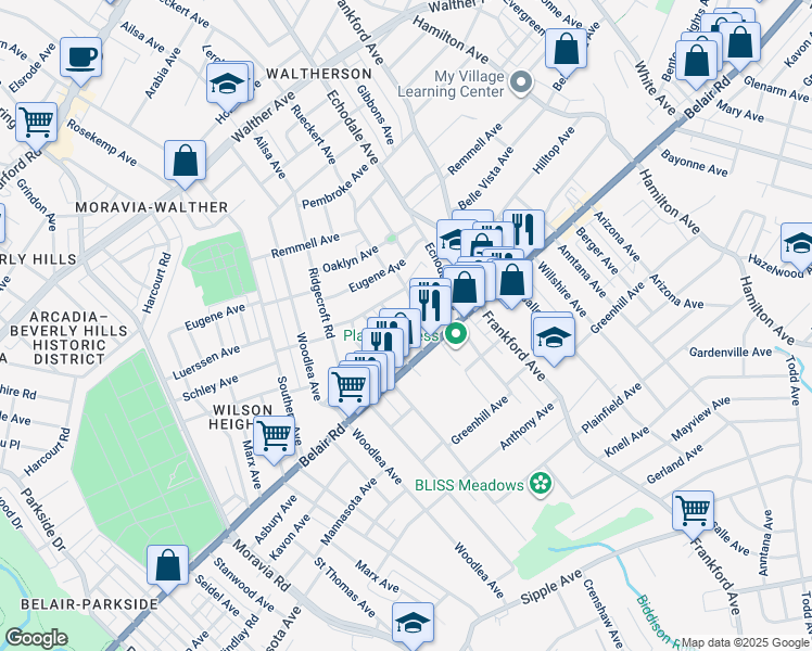 map of restaurants, bars, coffee shops, grocery stores, and more near 4026 Belwood Avenue in Baltimore