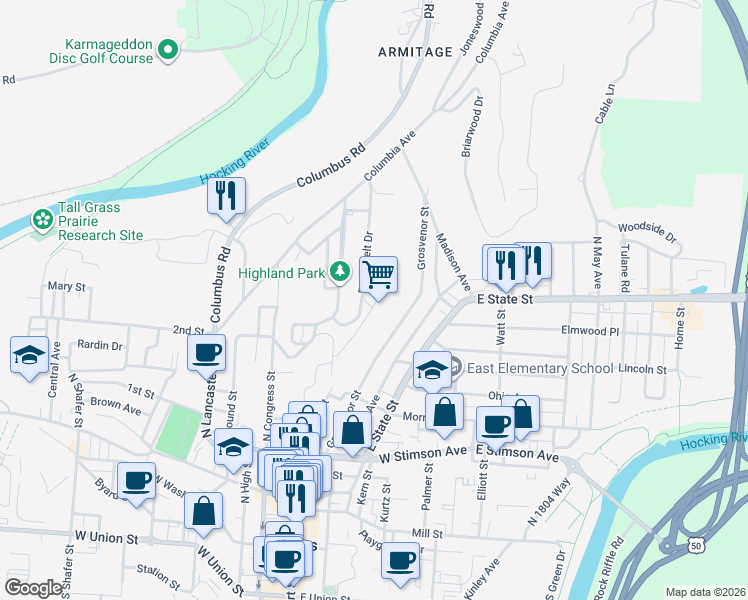 map of restaurants, bars, coffee shops, grocery stores, and more near 31 Forest Street in Athens