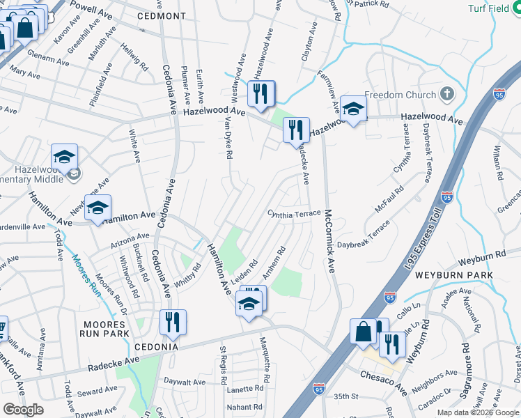 map of restaurants, bars, coffee shops, grocery stores, and more near 5698 Utrecht Road in Baltimore