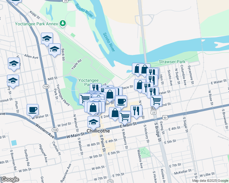 map of restaurants, bars, coffee shops, grocery stores, and more near 164 North Mulberry Street in Chillicothe