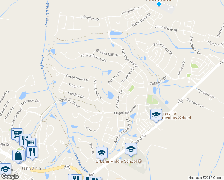 map of restaurants, bars, coffee shops, grocery stores, and more near 9314 Penrose Street in Frederick