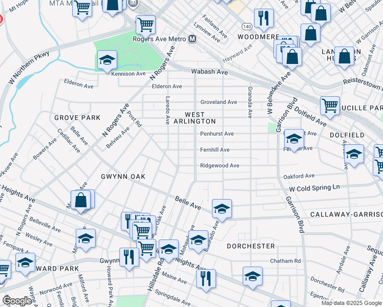 map of restaurants, bars, coffee shops, grocery stores, and more near 4303 Fernhill Avenue in Baltimore