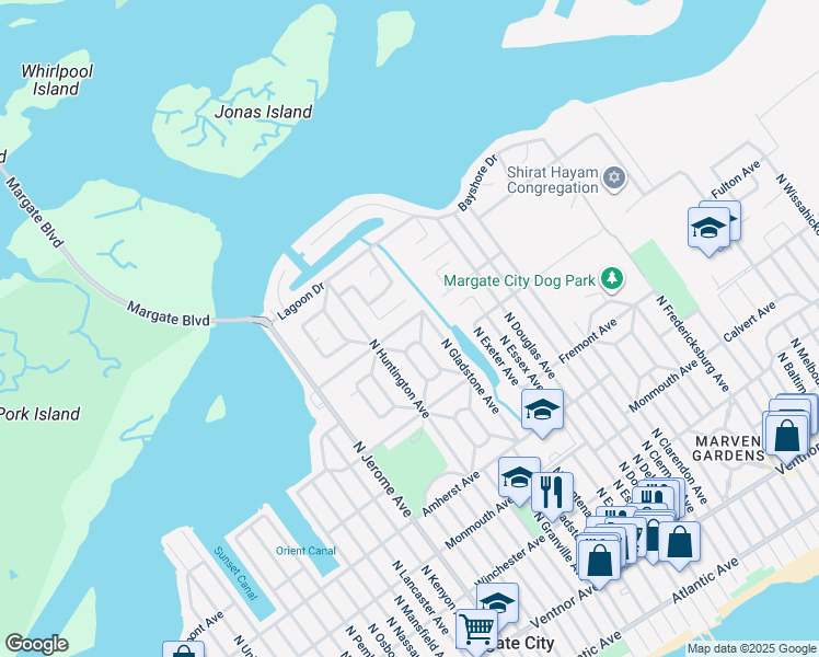map of restaurants, bars, coffee shops, grocery stores, and more near 422 North Gladstone Avenue in Margate City