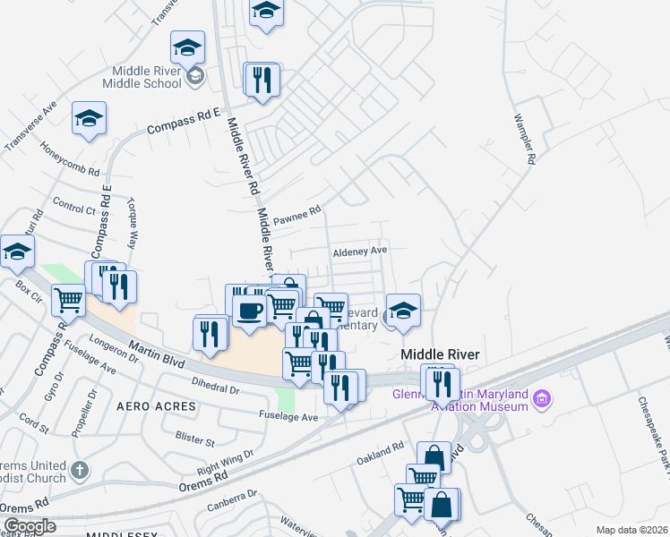 map of restaurants, bars, coffee shops, grocery stores, and more near 1500 Becklow Avenue in Middle River