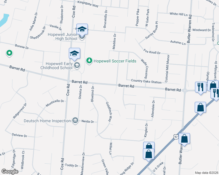map of restaurants, bars, coffee shops, grocery stores, and more near 8015 Barret Road in Butler County