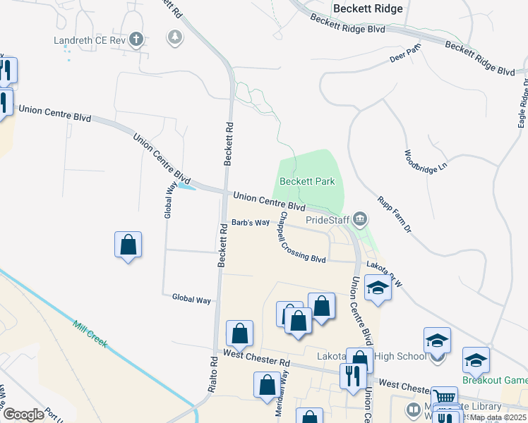map of restaurants, bars, coffee shops, grocery stores, and more near 5531 Chappell Crossing Boulevard in Butler County