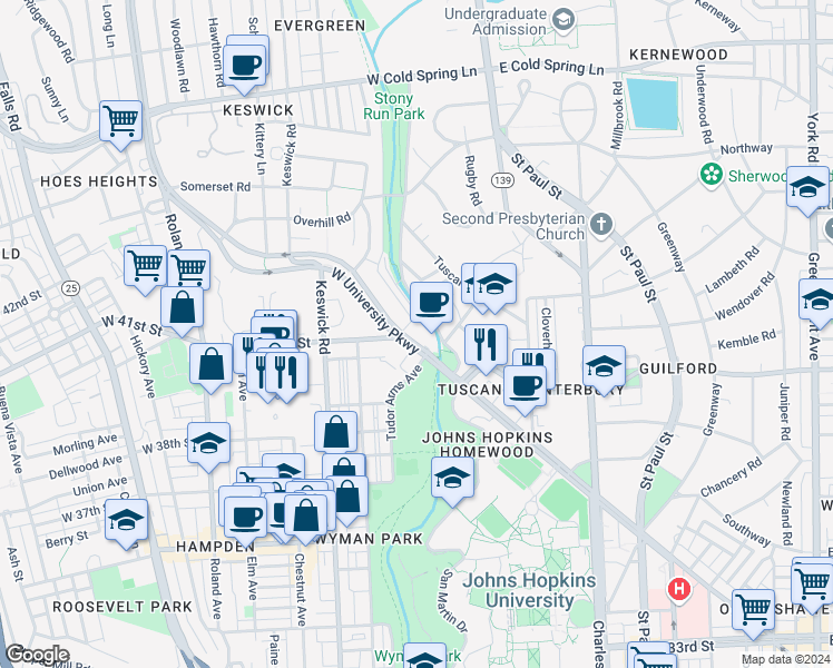 map of restaurants, bars, coffee shops, grocery stores, and more near 526 West University Parkway in Baltimore