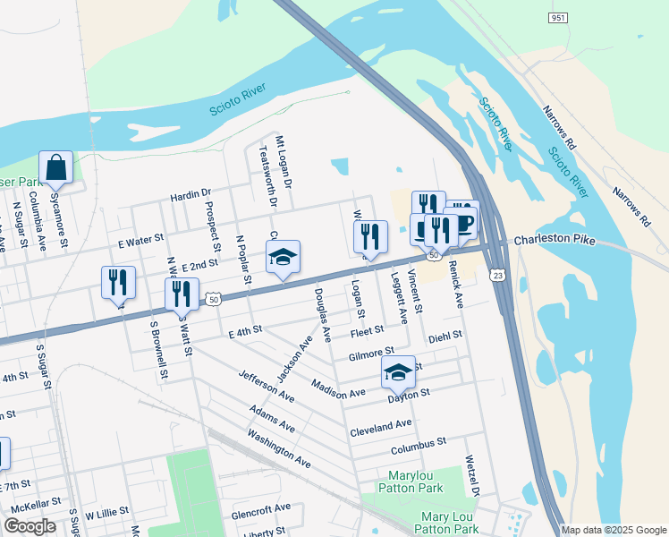 map of restaurants, bars, coffee shops, grocery stores, and more near 921 East Main Street in Chillicothe