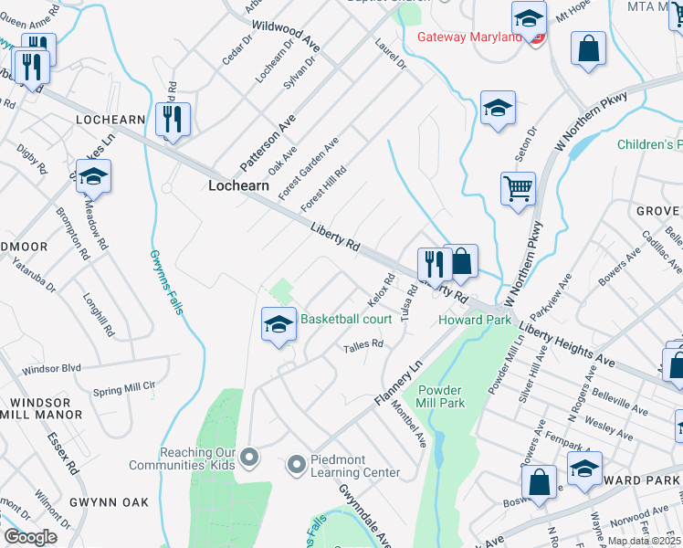 map of restaurants, bars, coffee shops, grocery stores, and more near 6218 Robin Hill Road in Baltimore
