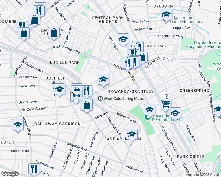 map of restaurants, bars, coffee shops, grocery stores, and more near 2913 West Cold Spring Lane in Baltimore