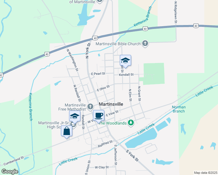 map of restaurants, bars, coffee shops, grocery stores, and more near 113 East Ohio Street in Martinsville