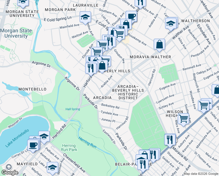 map of restaurants, bars, coffee shops, grocery stores, and more near 4312 Walther Avenue in Baltimore