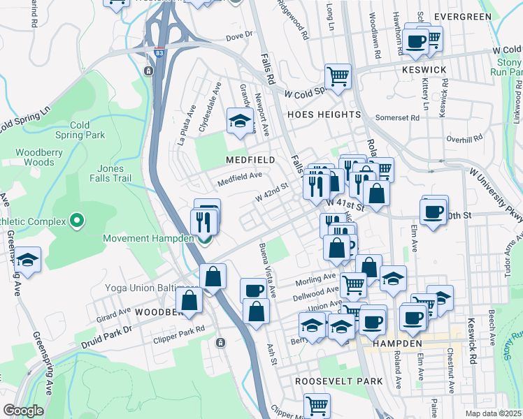 map of restaurants, bars, coffee shops, grocery stores, and more near 4133 Buena Vista Avenue in Baltimore