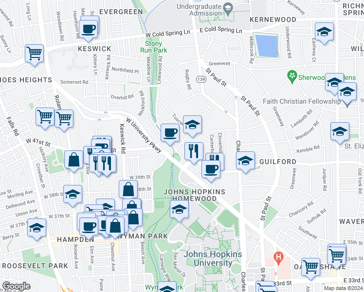 map of restaurants, bars, coffee shops, grocery stores, and more near 211 Stony Run Lane in Baltimore