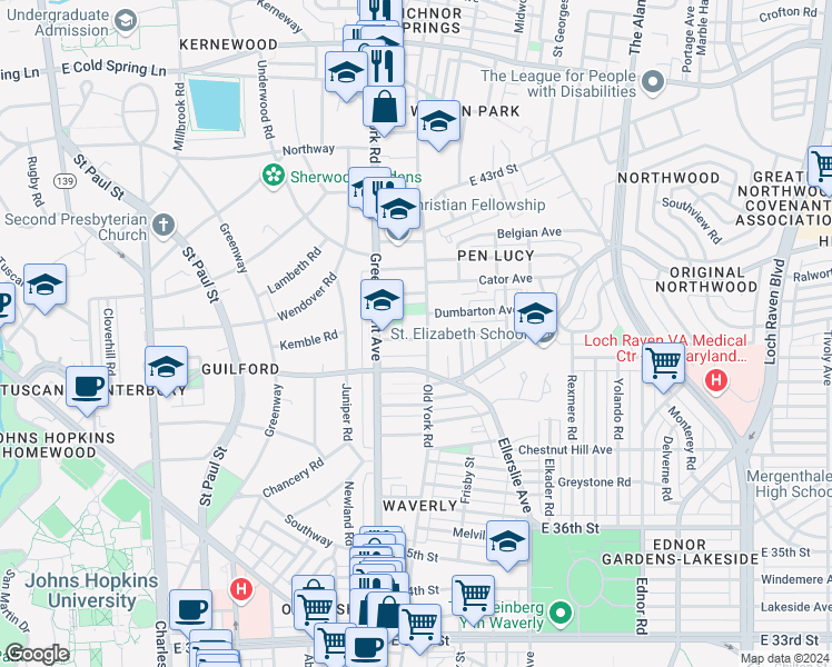 map of restaurants, bars, coffee shops, grocery stores, and more near 536 Wyanoke Avenue in Baltimore