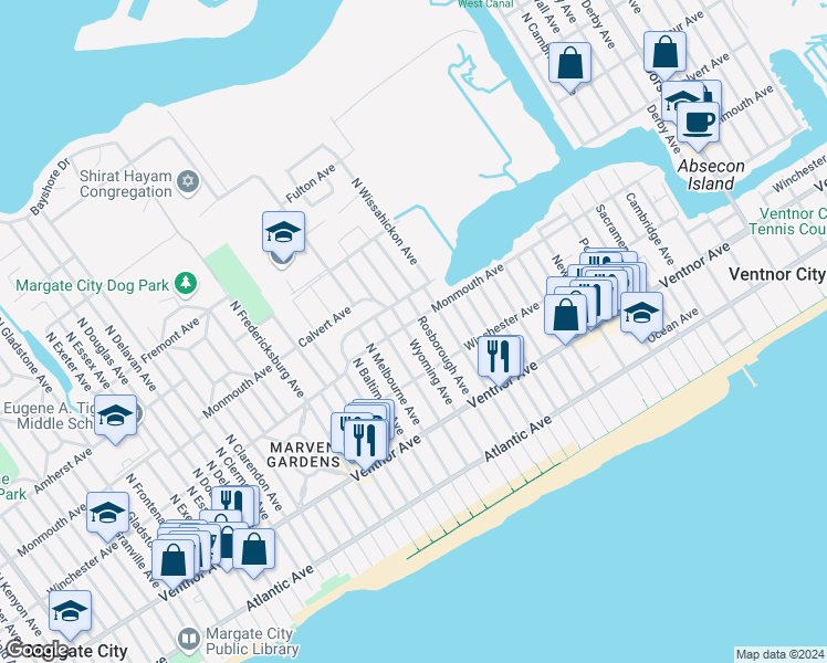 map of restaurants, bars, coffee shops, grocery stores, and more near 122 North Rosborough Avenue in Ventnor City