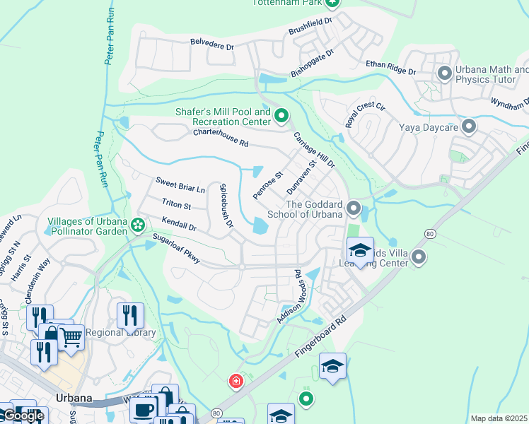 map of restaurants, bars, coffee shops, grocery stores, and more near 9314 Penrose Street in Frederick