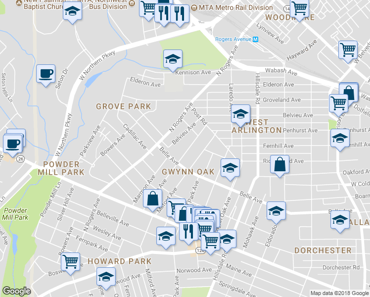 map of restaurants, bars, coffee shops, grocery stores, and more near 3814 Ferndale Avenue in Baltimore
