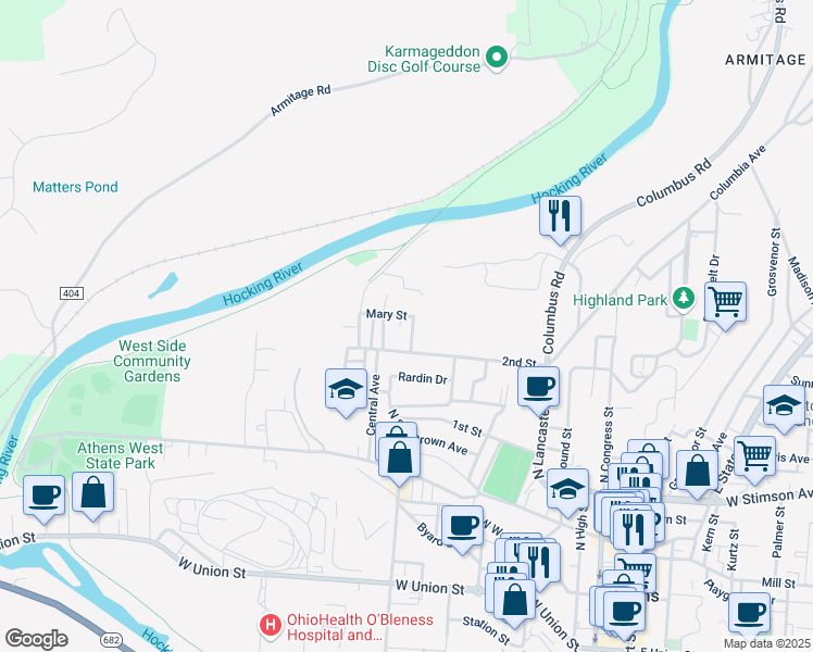 map of restaurants, bars, coffee shops, grocery stores, and more near 17 Granville Avenue in Athens