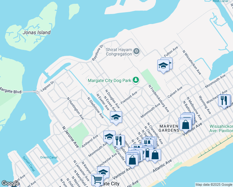 map of restaurants, bars, coffee shops, grocery stores, and more near 411 North Delavan Avenue in Margate City
