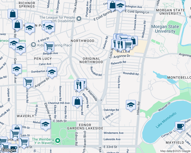 map of restaurants, bars, coffee shops, grocery stores, and more near 1229 Roundhill Road in Baltimore