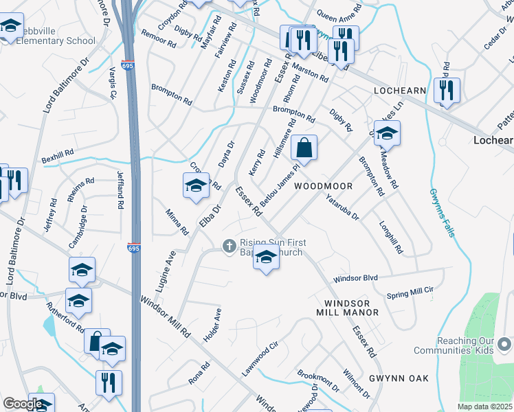 map of restaurants, bars, coffee shops, grocery stores, and more near 3301 Essex Road in Baltimore