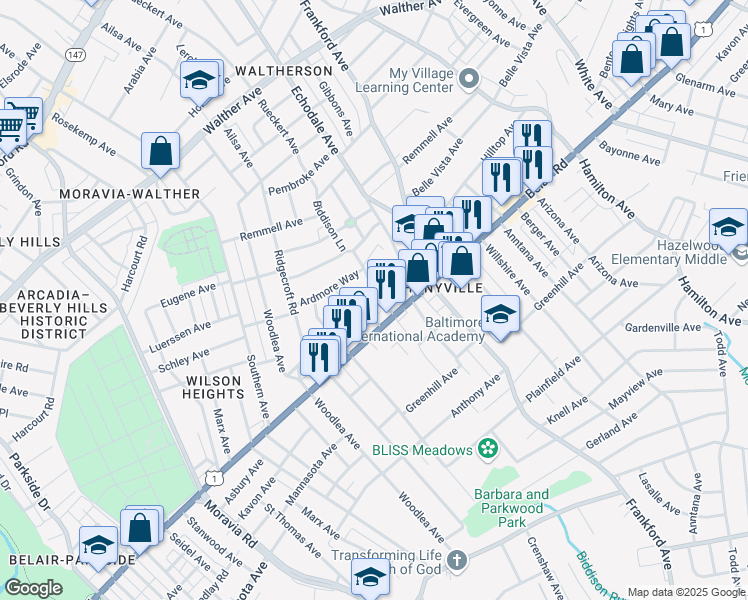map of restaurants, bars, coffee shops, grocery stores, and more near 4023 Biddison Lane in Baltimore