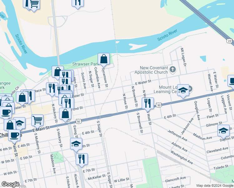 map of restaurants, bars, coffee shops, grocery stores, and more near 516 East Water Street in Chillicothe