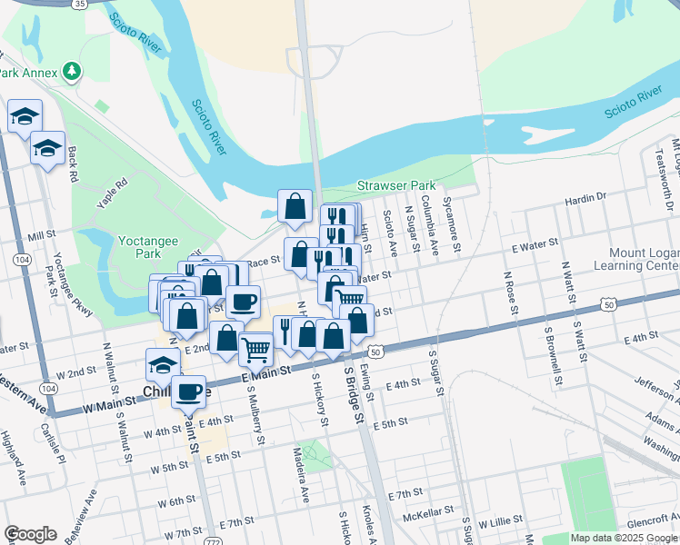 map of restaurants, bars, coffee shops, grocery stores, and more near 305 East Water Street in Chillicothe